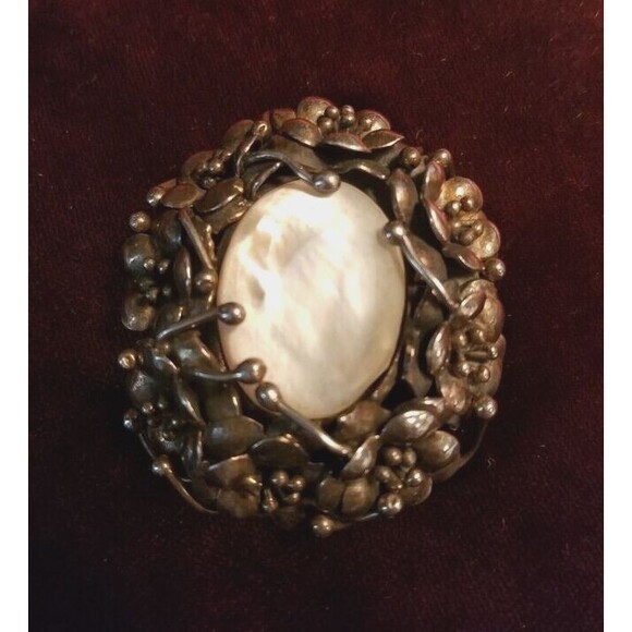 Art Nouveau Jewelry Big Brutalist Pendant Mother of Pearl Sterling Silver Pin